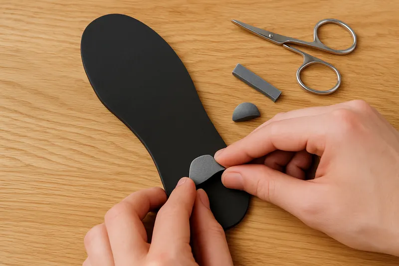 Deux mains posent un petit élément postural sous la semelle
