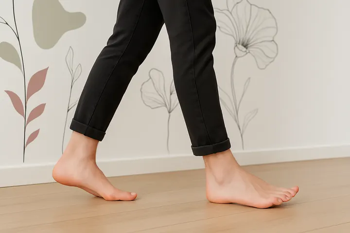 Une patiente marche pieds nus sur le parquet, devant la fresque