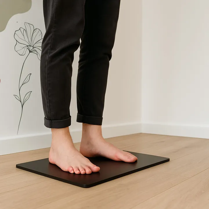 Deux pieds nus posés sur la plateforme de mesure noire