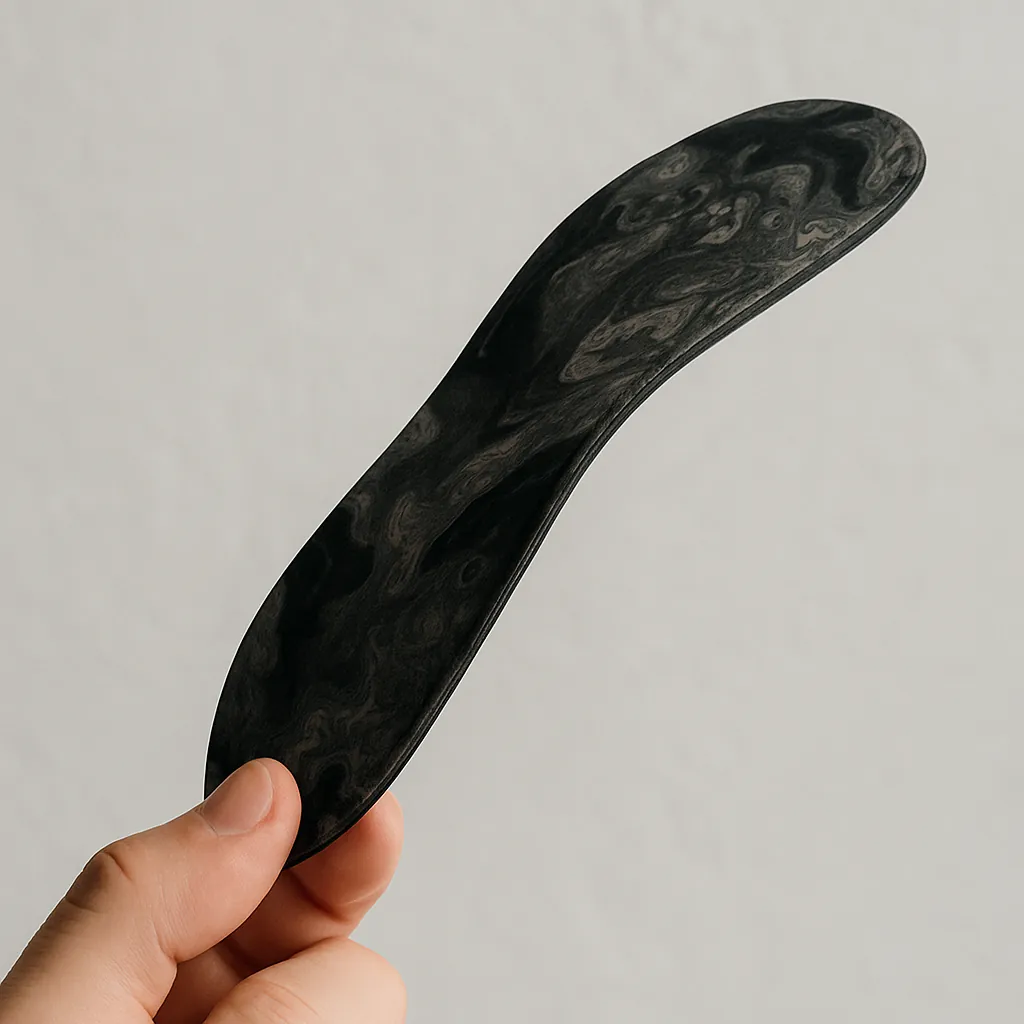 Une main tient la semelle par le talon et la plie: elle est fine et souple